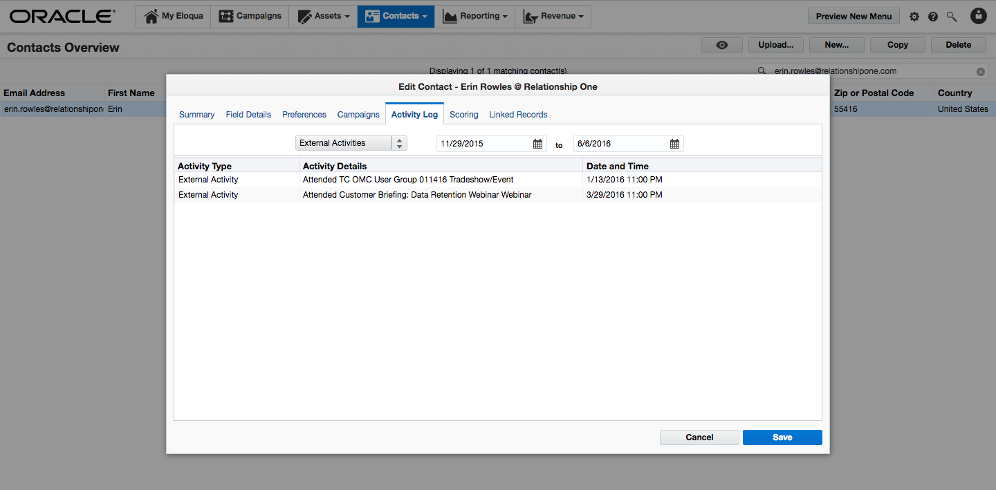 External Activites Contact Record